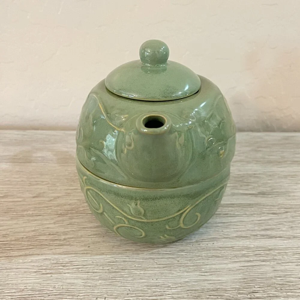 New Pier 1 Teapot Cup Mug 3 Pc Set Green Vine Flower Leaf Stoneware All In One